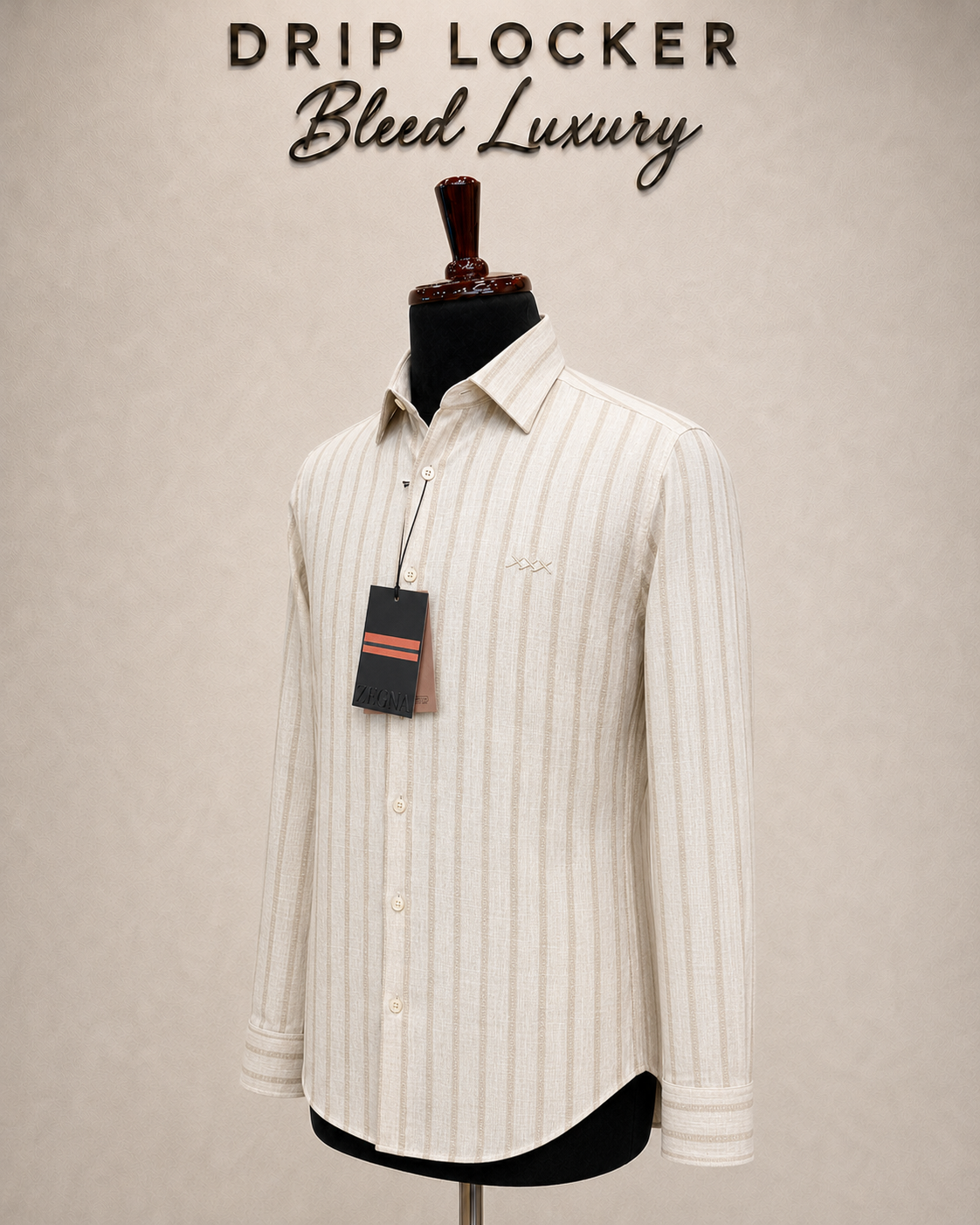 Men’s Ivory Textured-Stripe Shirt - Ecru striped linen shirt in three quarter view