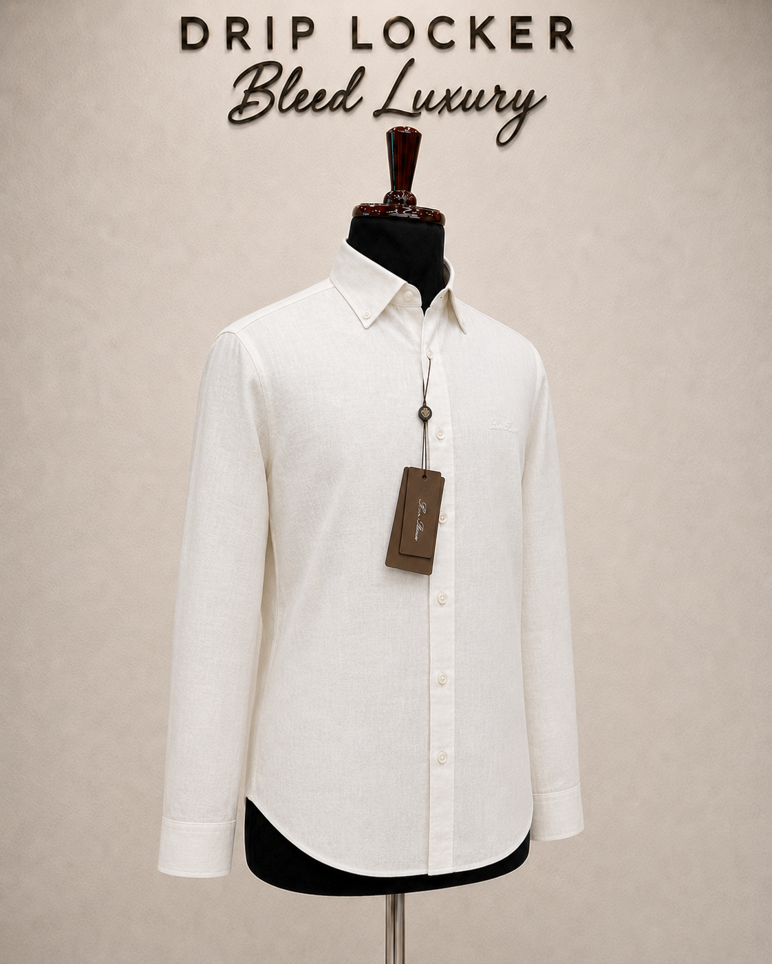Men’s White Tonal-Linen Shirt - Opposite angle ivory linen shirt display