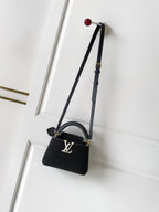 Louis Vuitton Capucines Mini — Black Suede / Stone-Effect LV — Article 969