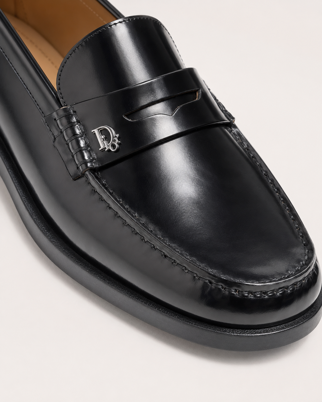 Men’s Black Polished Penny Loafers - close up of black polished penny loafer