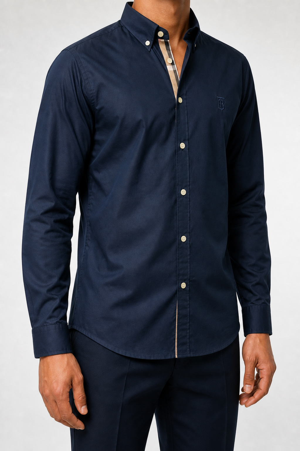Men’s Navy Check-Detail Shirt - deep navy check trim shirt model right three quarter