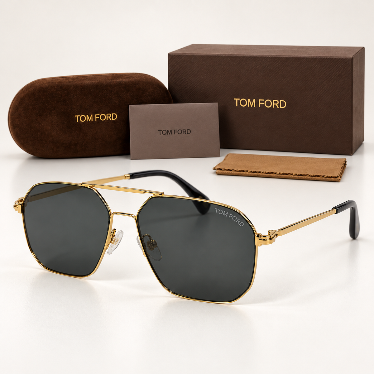 TF — FT0852 28A Gold Navigator Sunglasses — front-left view with brand box
