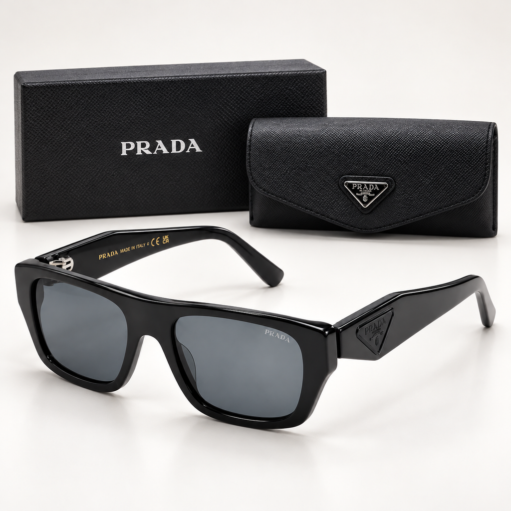 PRD — PR D07VU Black Rectangular Sunglasses — front-left view with brand box