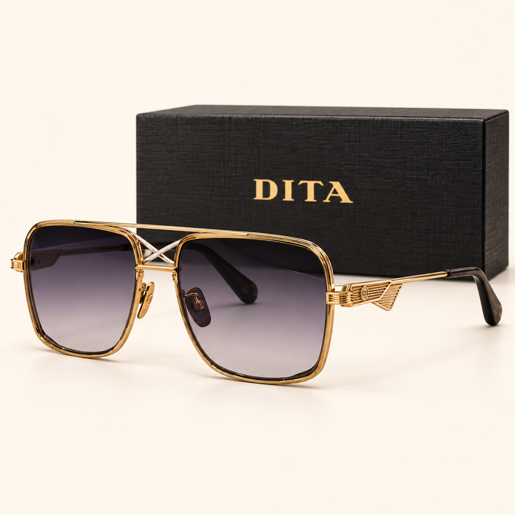 DITA — Gold Gradient Square Sunglasses – Model 2 — front-left view with brand box