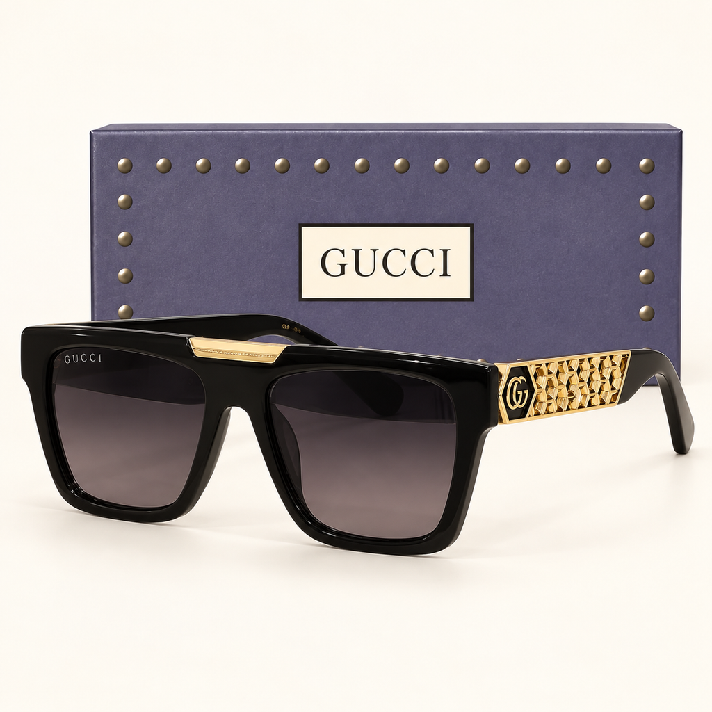 GG — Black Gradient Rectangular Sunglasses – Model 5 — front-left view with brand box