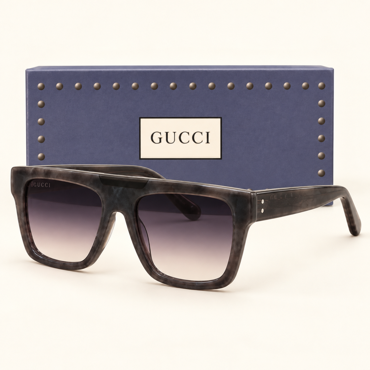GG — Transparent Grey Gradient Square Sunglasses – Model 6 — front-left view with brand box
