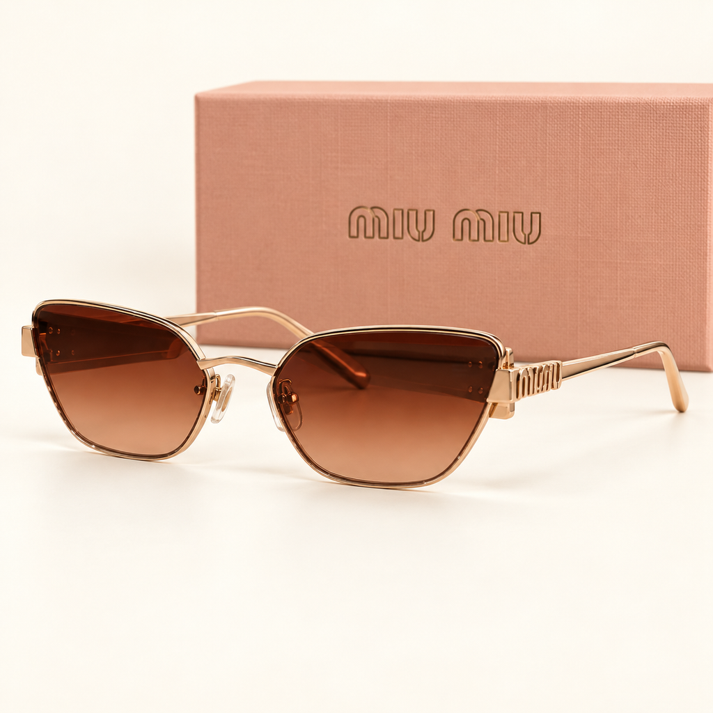 MM — Gold Brown Cat-Eye Sunglasses – Model 1 — front-left view with brand box