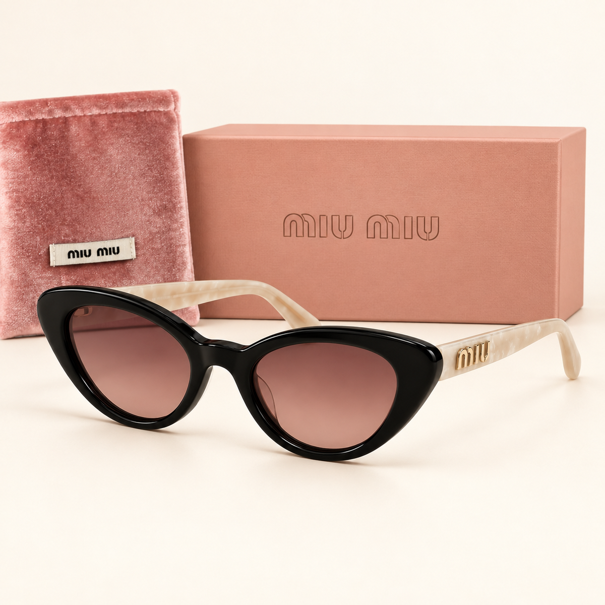 MM — Black Cat-Eye Sunglasses – Model 3 — front-left view with brand box