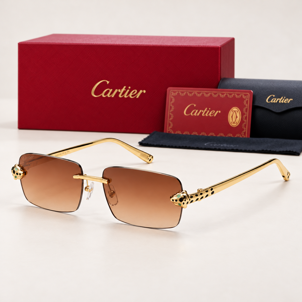 CR Panther Head Rimless Gradient Sunglasses — front-left view with brand box