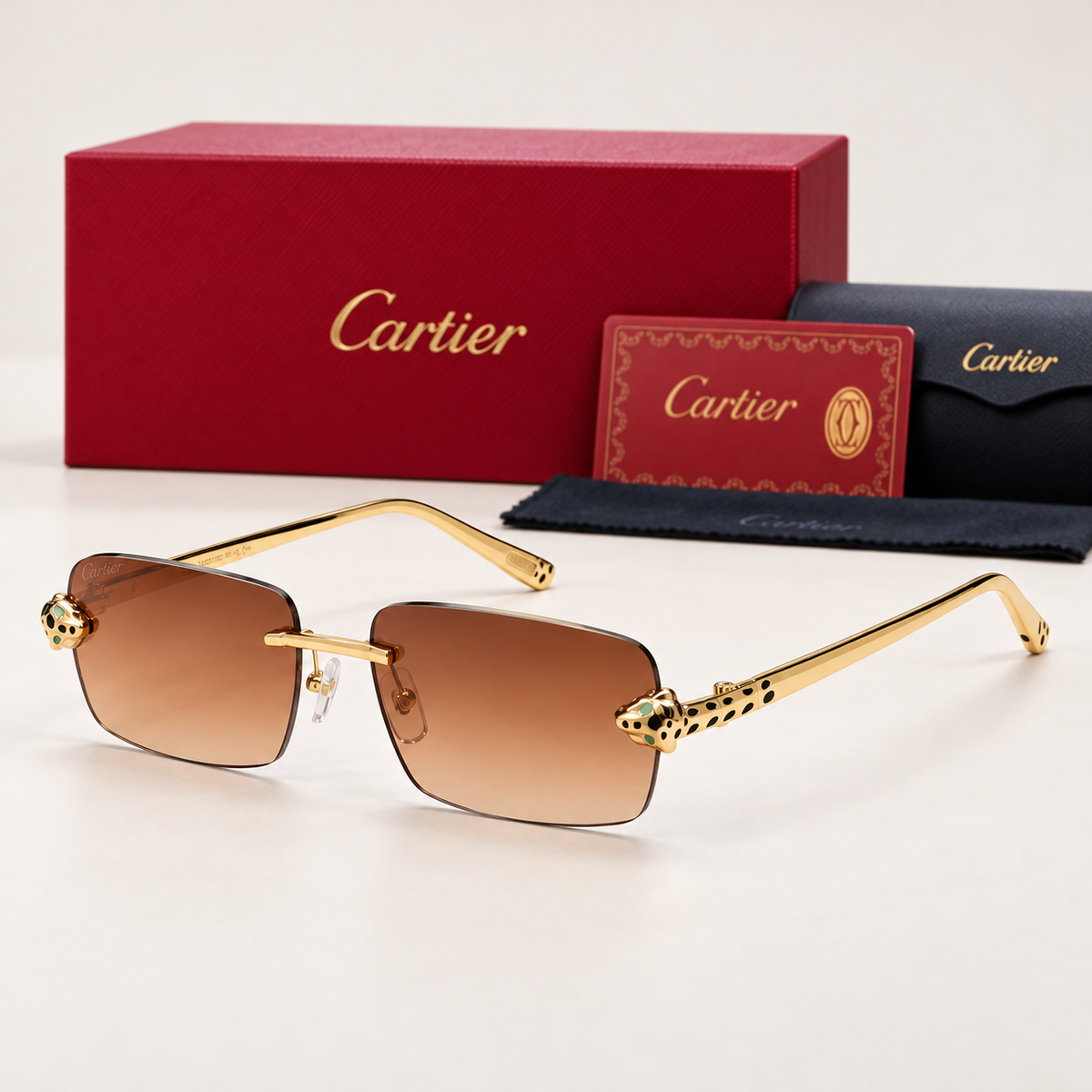 CR Panther Head Rimless Gradient Sunglasses — front-left view with brand box