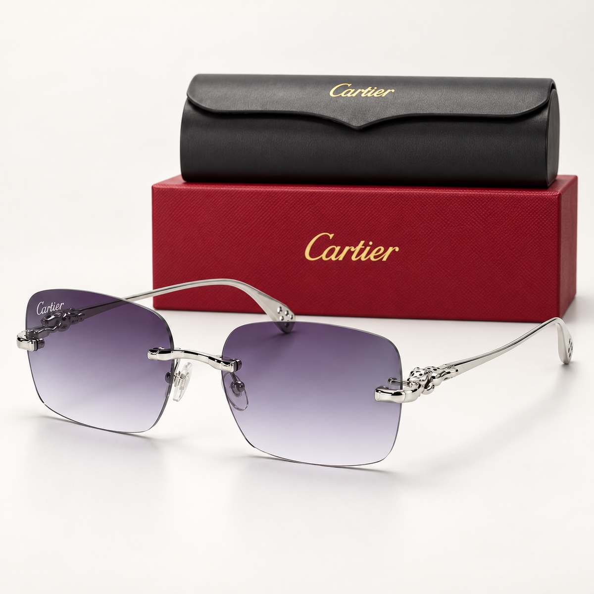 CR Silver Panther Purple Gradient Sunglasses — front-left view with brand box