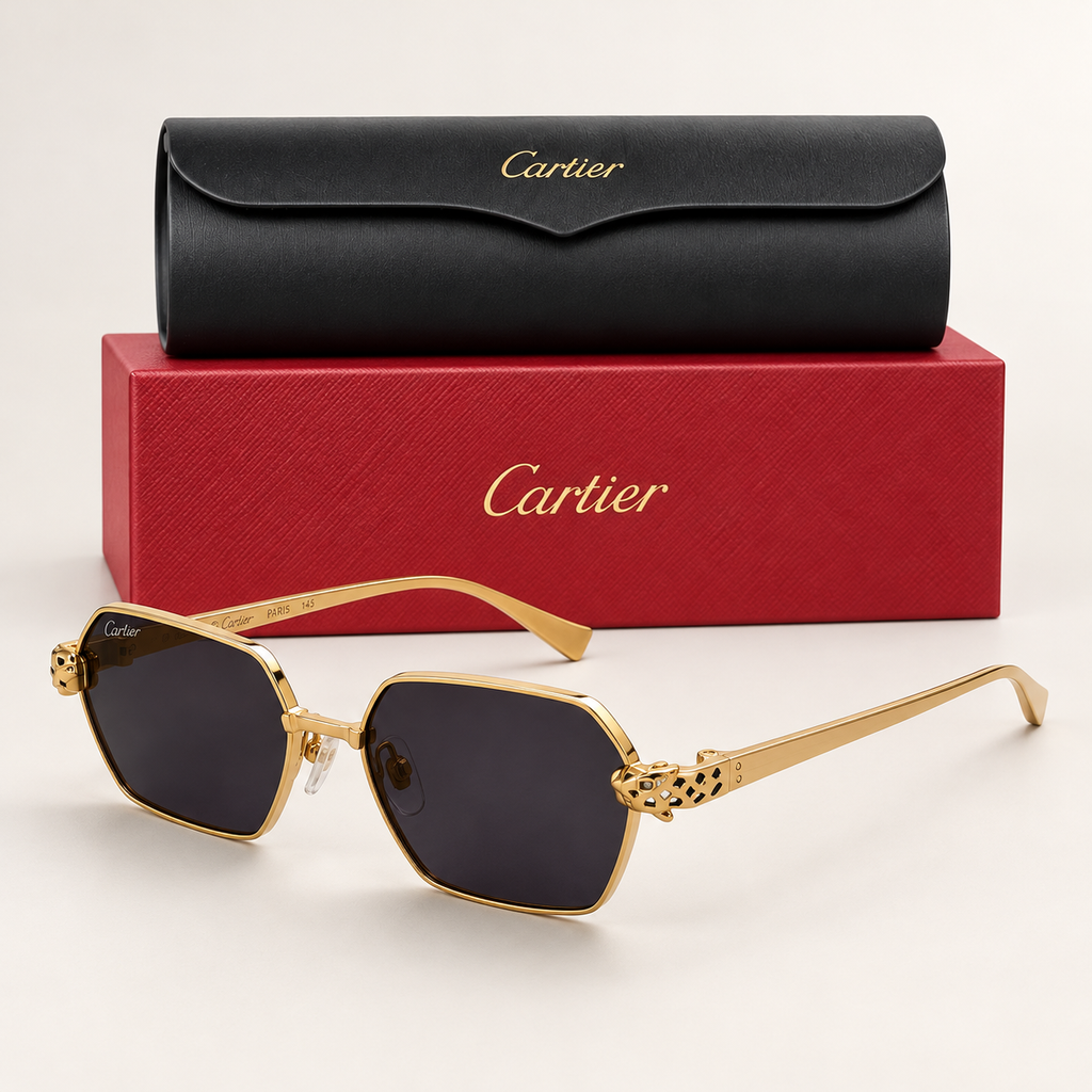 CR Spotted Panther Geometric Sunglasses — front-left view with brand box