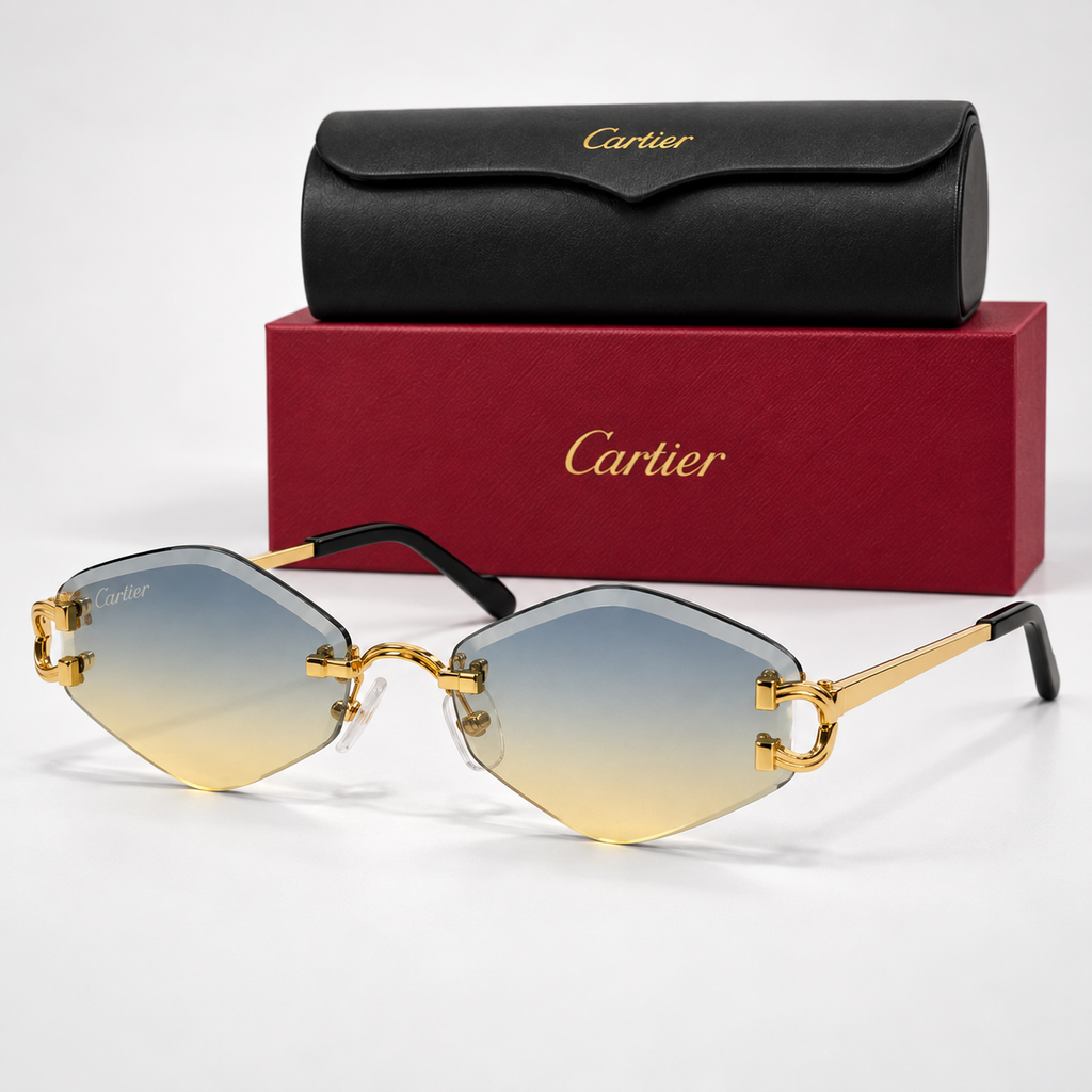 CR Skyfade Geometric C Rimless Sunglasses – front and left side with brand box