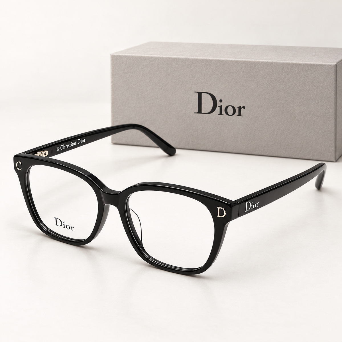 CD Black Square Eyeglasses — front-left view with brand box