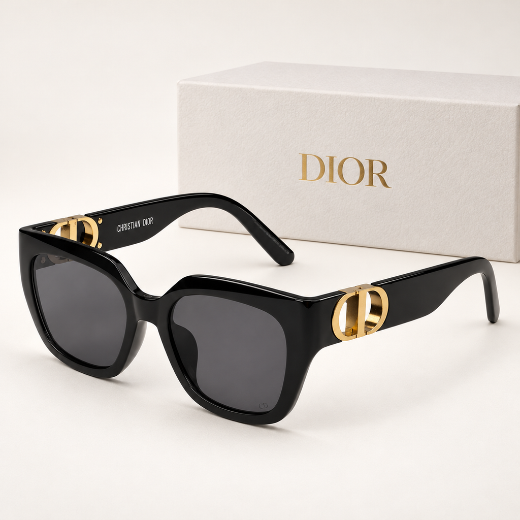 CD Black Gold Oversized Square Sunglasses — front-left view with brand box