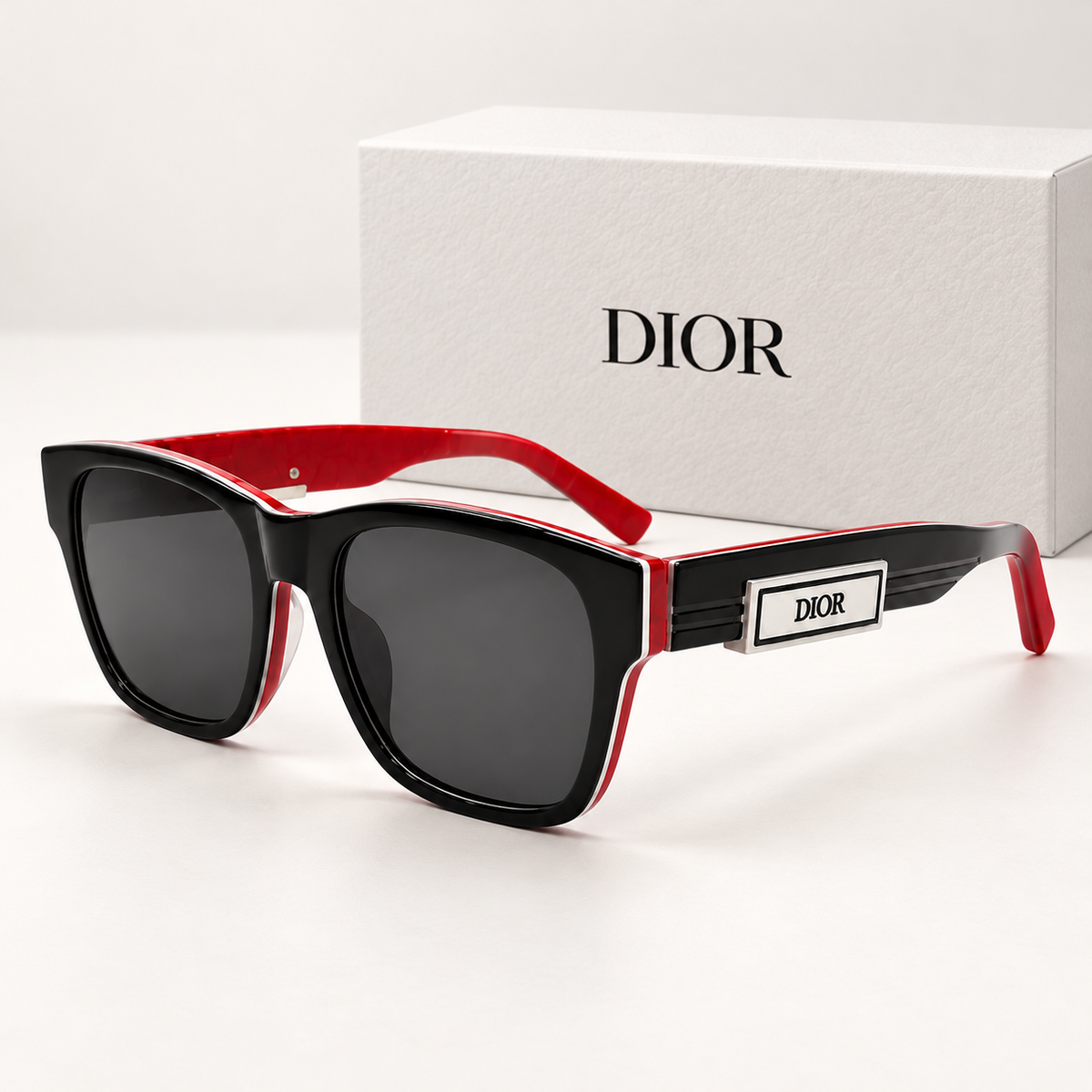 CD Black Red Oversized Square Sunglasses — front-left view with brand box