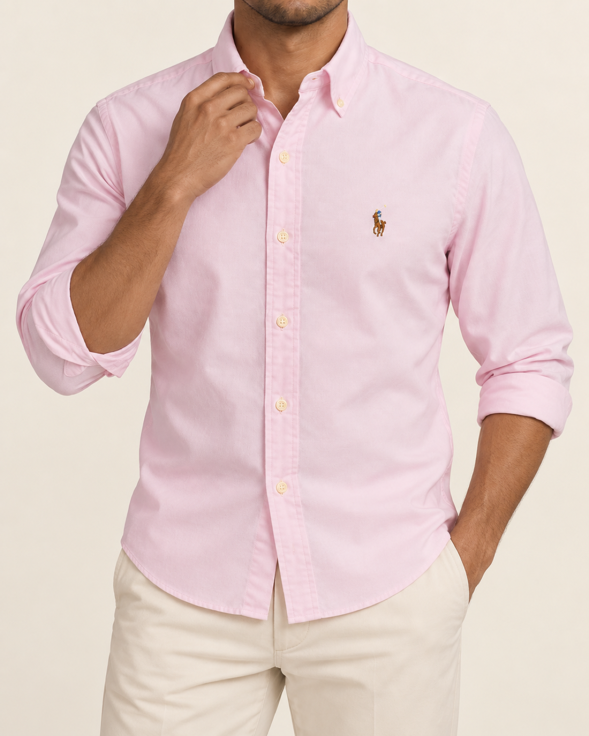 RL — Powder Pink Button-Down Shirt — front styling