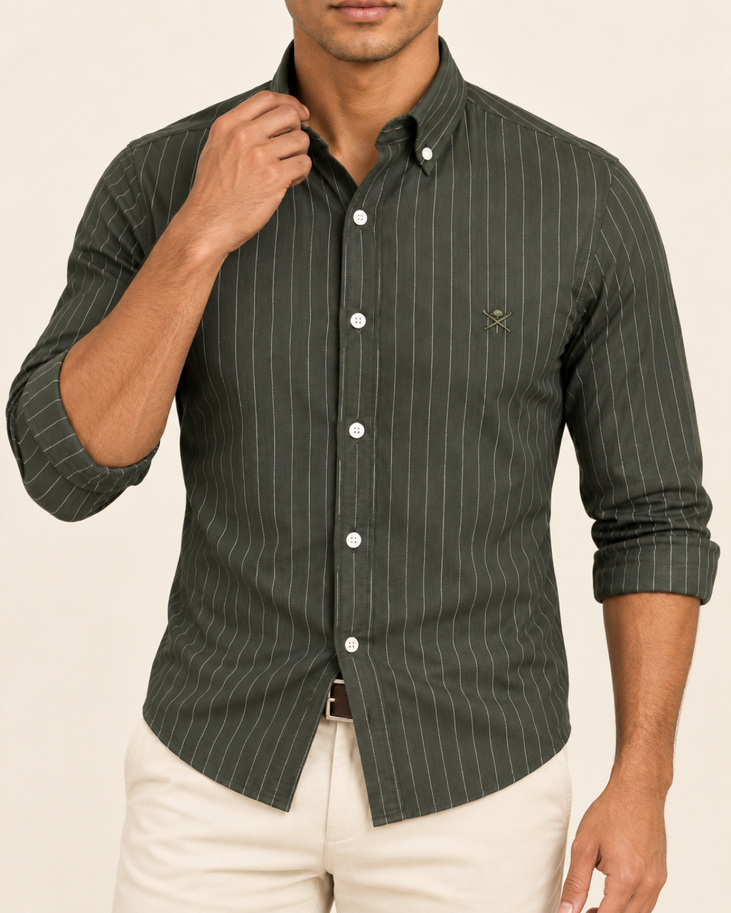 HKTT — Dark Olive Pinstripe Button-Down Shirt — front styling