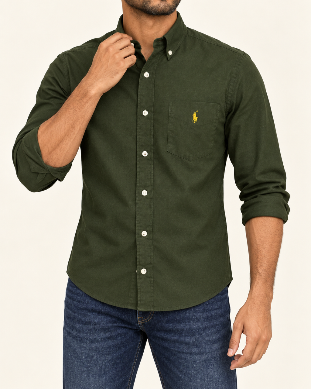 RL — Dark Olive Pocket Button-Down Shirt — front styling