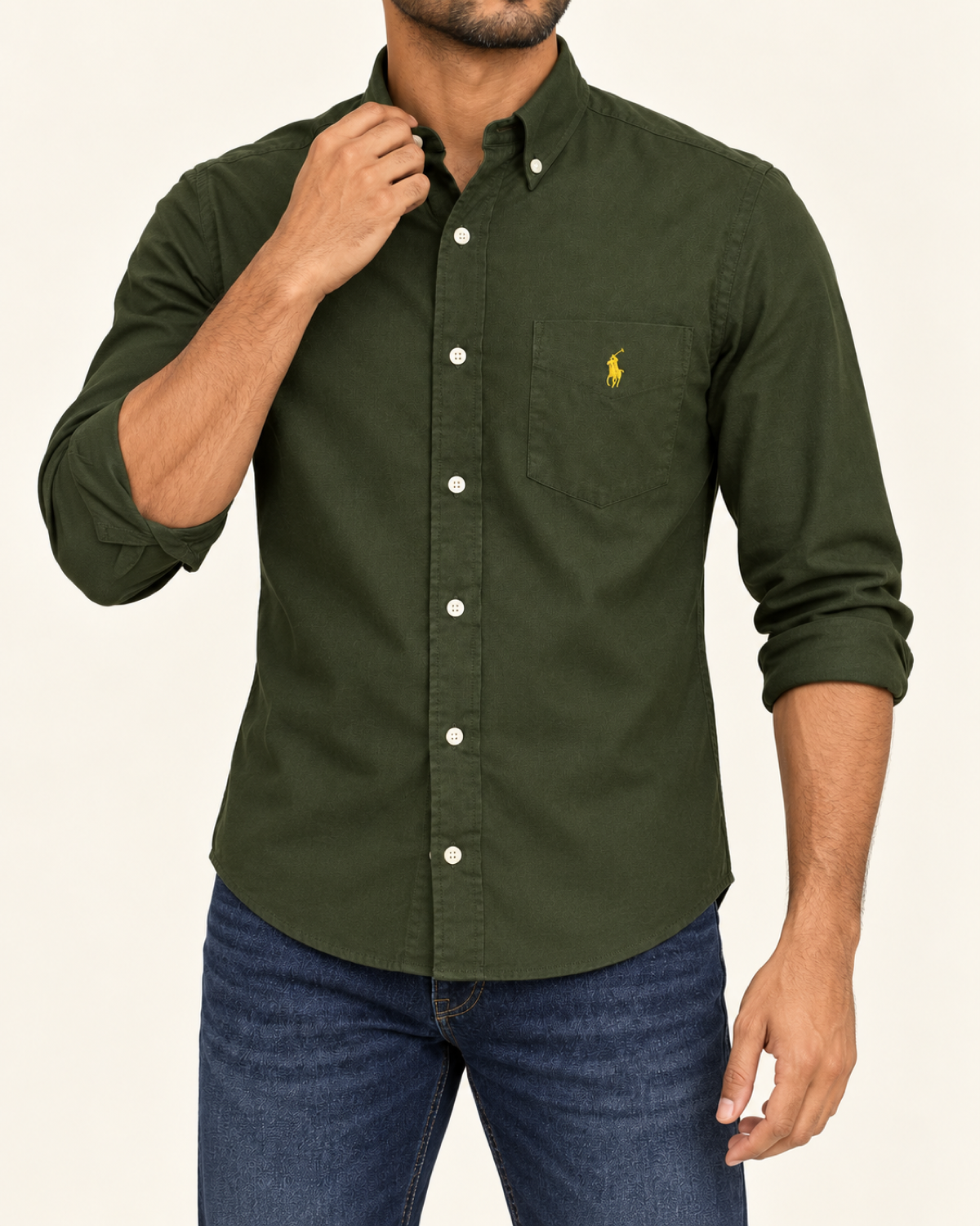 RL — Dark Olive Pocket Button-Down Shirt — front styling