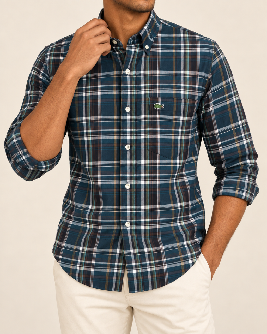 LCST — Deep Teal Plaid Button-Down Shirt — front styling