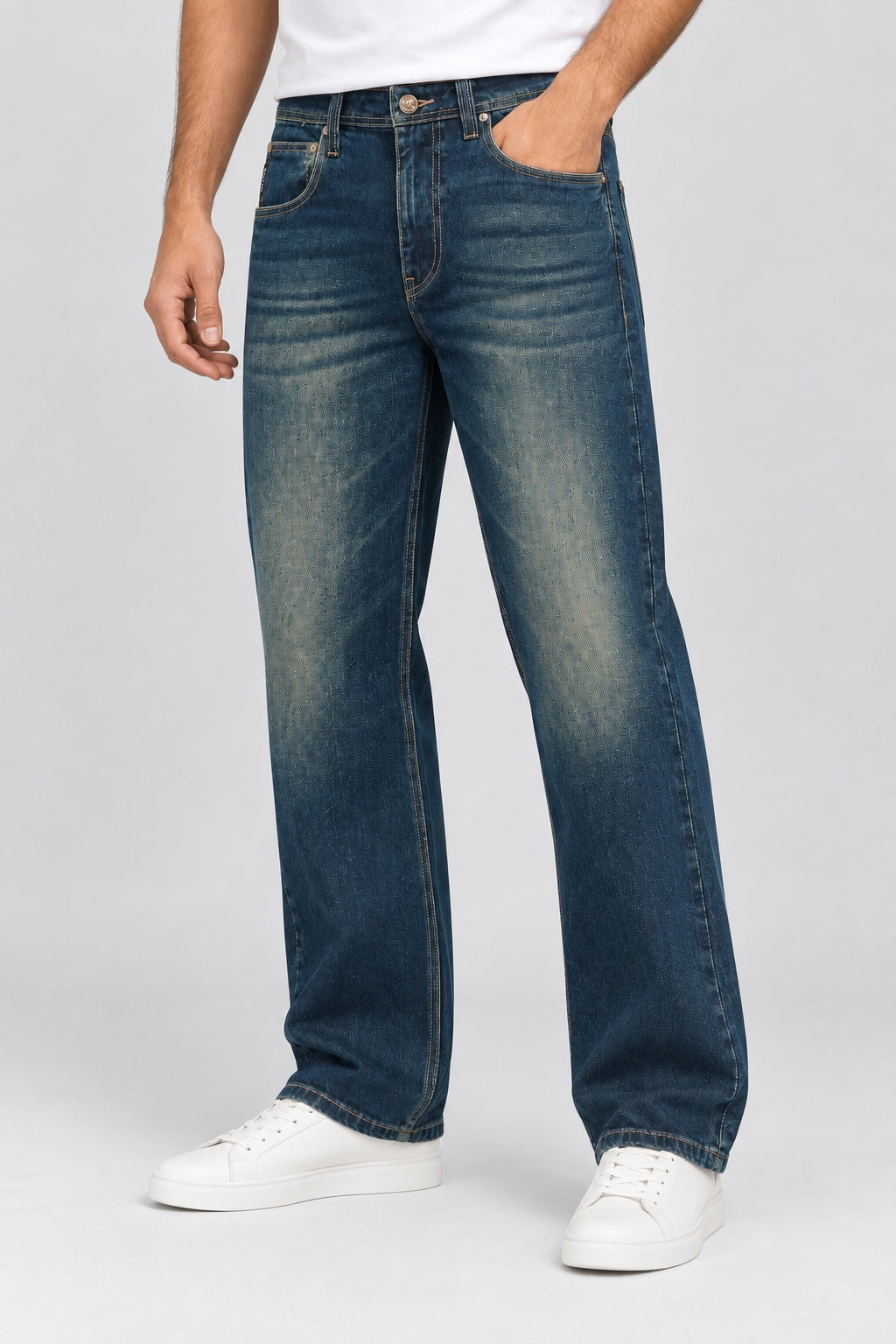 Men’s Rose-Gold Emblem Wide-Leg Jeans – Vintage Indigo - angled front