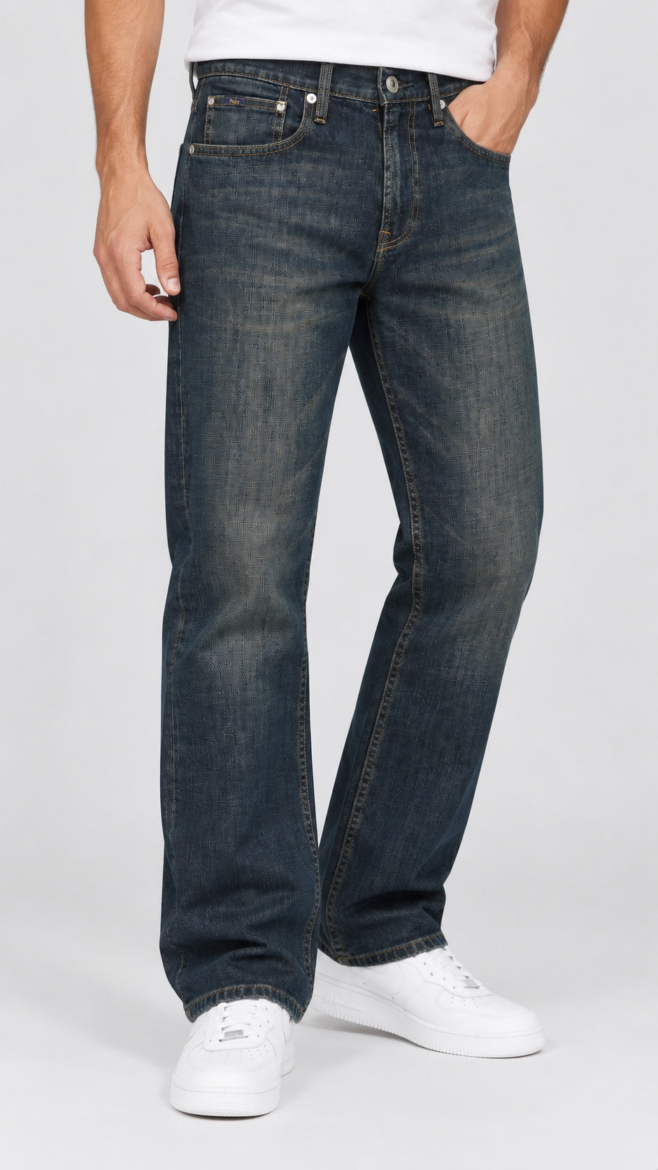 Men’s Horse-Emblem Wide-Leg Jeans – Dark Vintage Indigo - angled front