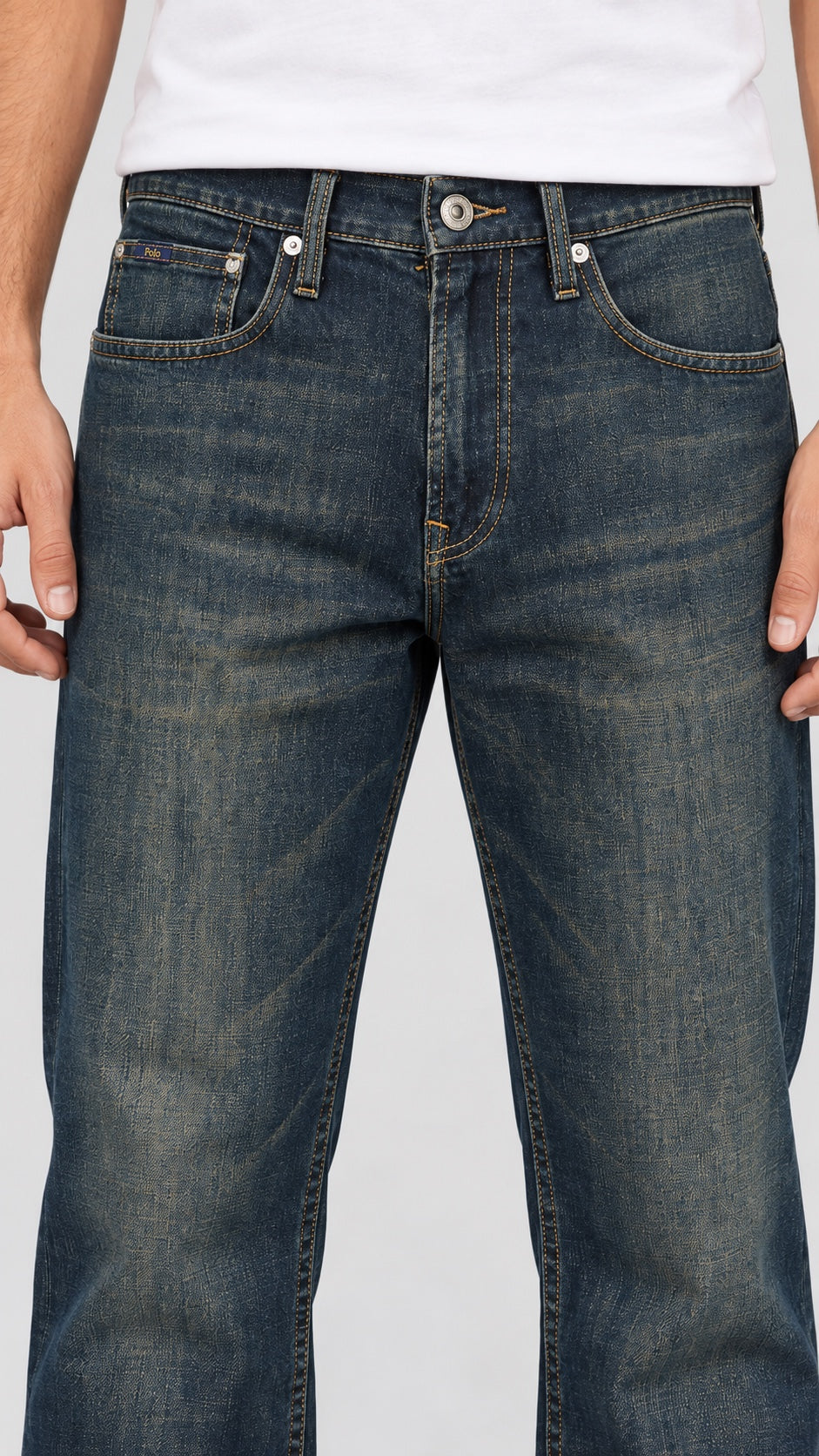Men’s Horse-Emblem Wide-Leg Jeans – Dark Vintage Indigo - front detail