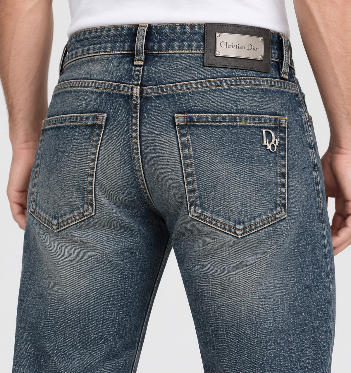 Men’s Metal-Plaque Straight-Fit Jeans – Vintage Indigo Blue - back detail