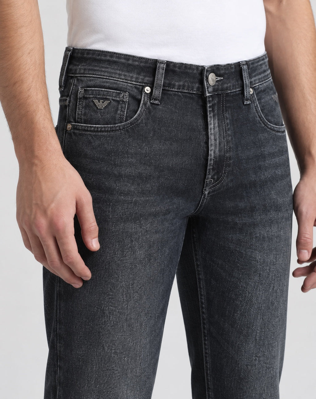 Men’s Eagle-Emblem Straight-Fit Jeans – Dark Charcoal Black - front detail