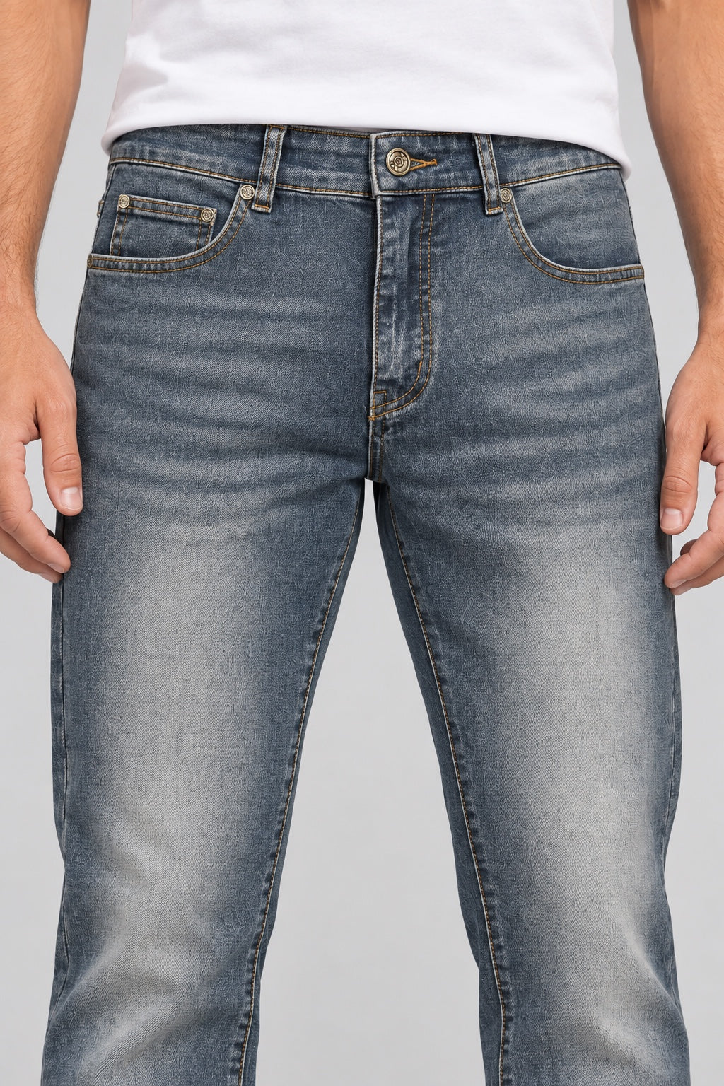 Men’s Patchwork-Pocket Straight-Fit Jeans – Vintage Blue - front detail