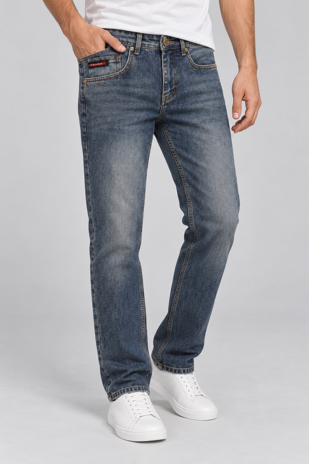 Men’s Antique-Brass Badge Straight-Fit Jeans – Indigo Blue - angled front