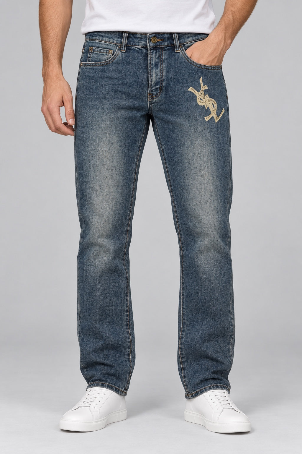 Men’s Studded-Monogram Straight-Fit Jeans – Stonewashed Indigo - front view