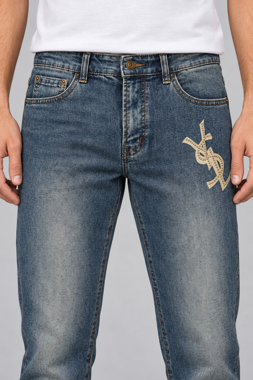 Men’s Studded-Monogram Straight-Fit Jeans – Stonewashed Indigo - front detail