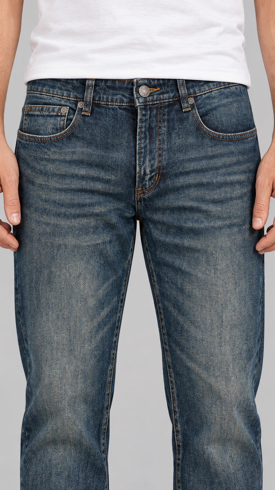Men’s Deep Vintage-Indigo Whiskered Straight-Fit Jeans - front detail