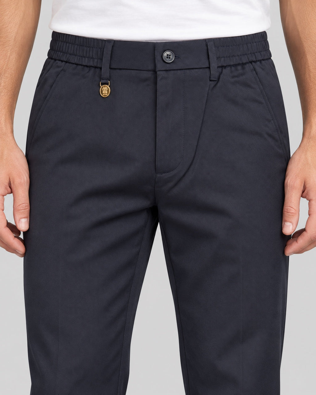 Men’s Button-Tab Tailored Trousers – Ink Navy - front detail