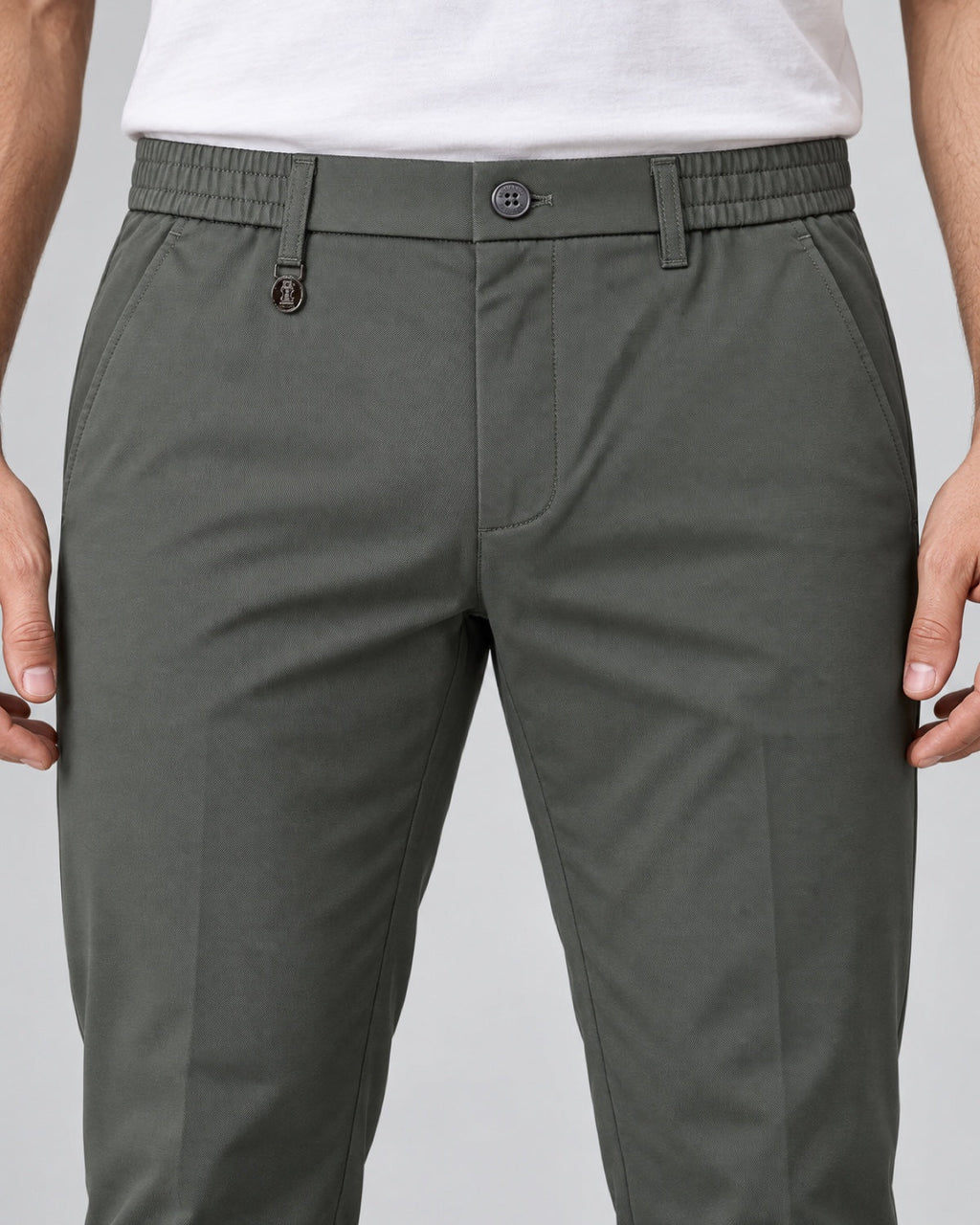 Men’s Tailored Trousers – Olive Grey - front detail