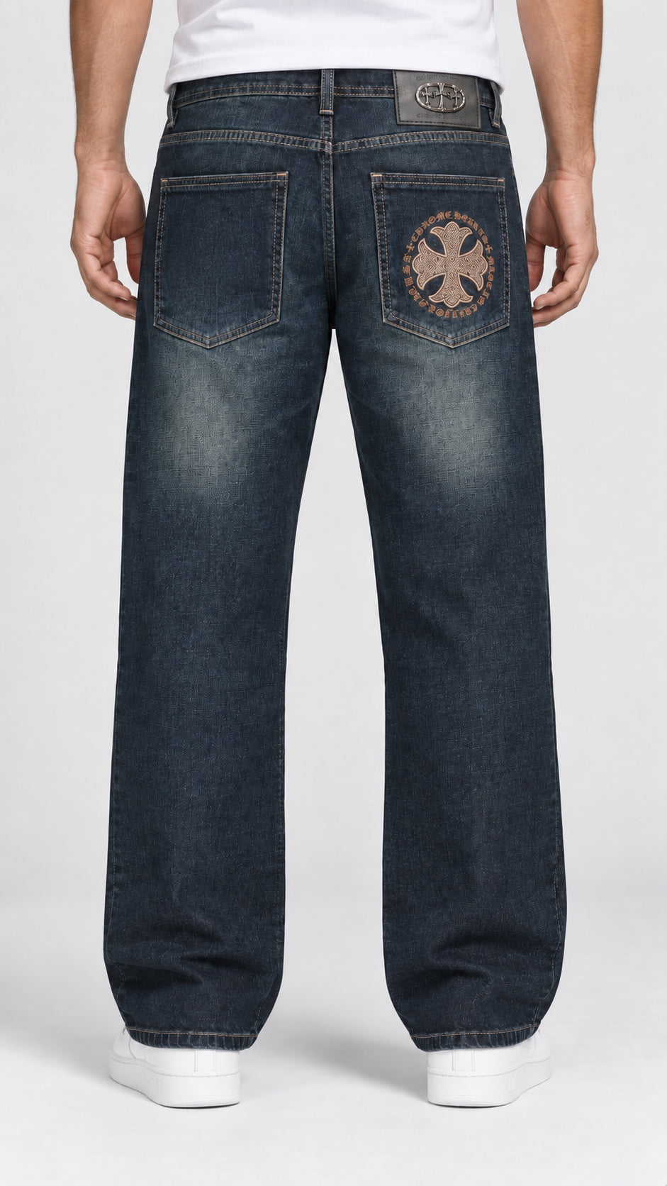 CH — Men’s Wide-Bottom Straight-Fit Cross Jeans – Dark Vintage Indigo — 02 full back view