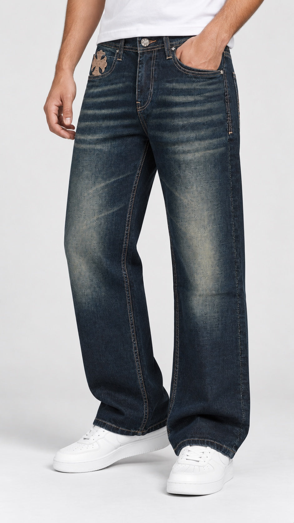 CH — Men’s Wide-Bottom Straight-Fit Cross Jeans – Dark Vintage Indigo — 03 angled front view