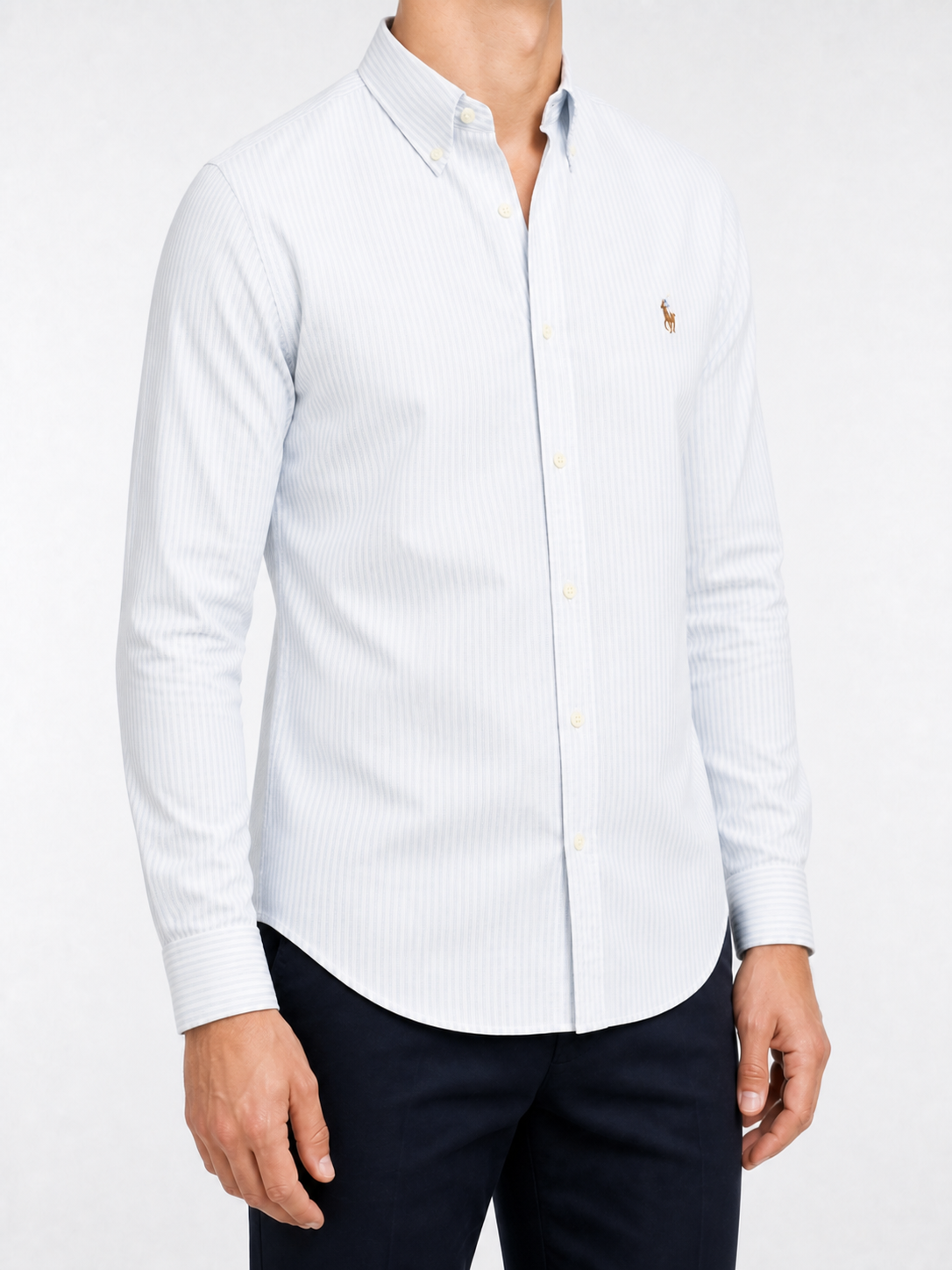 RL Powder Blue Pinstripe Shirt — right three quarter