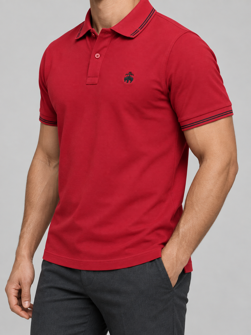 Crimson Red Black-Stripe Animal Crest Polo - view 2
