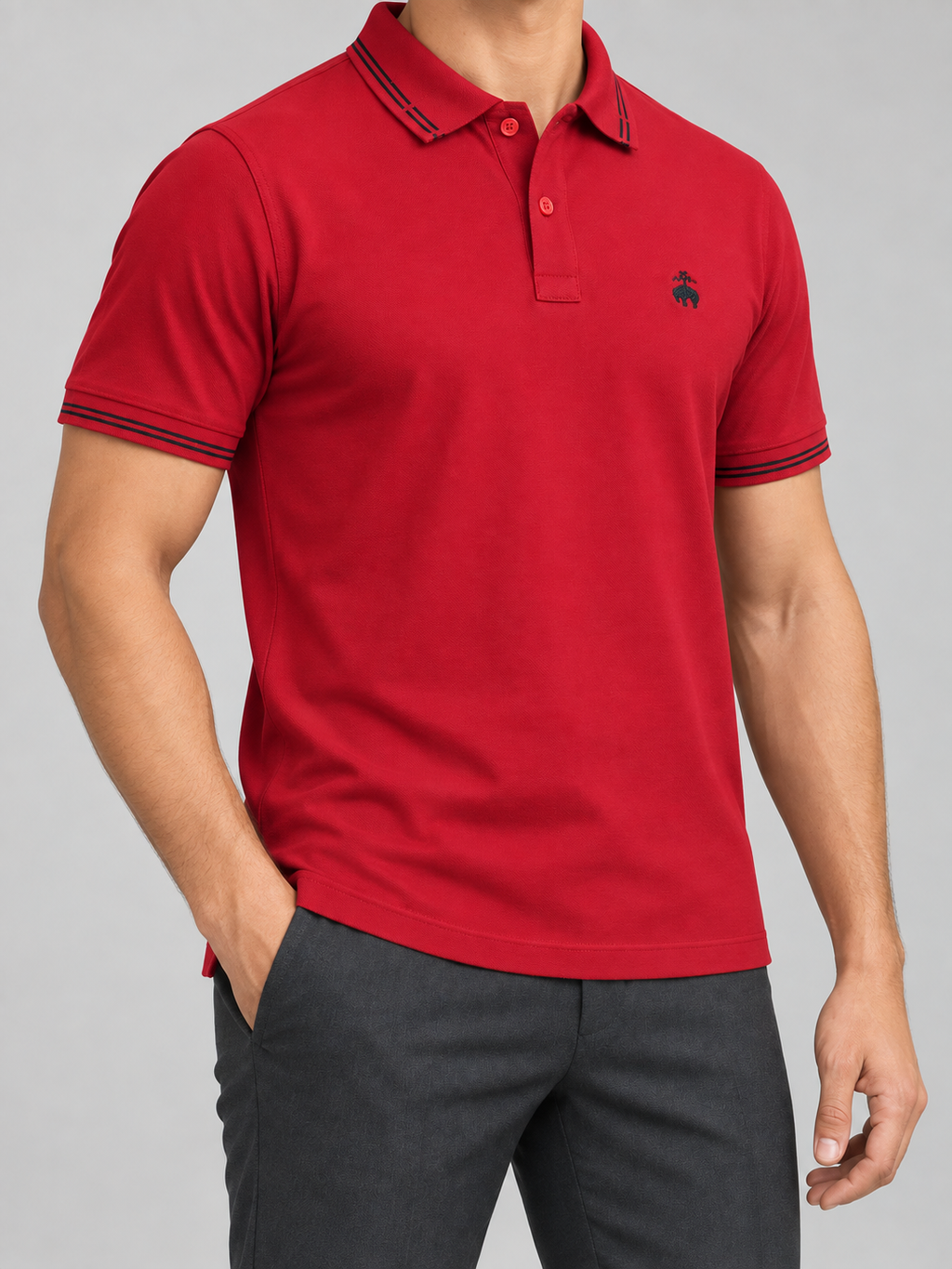 Crimson Red Black-Stripe Animal Crest Polo - view 3