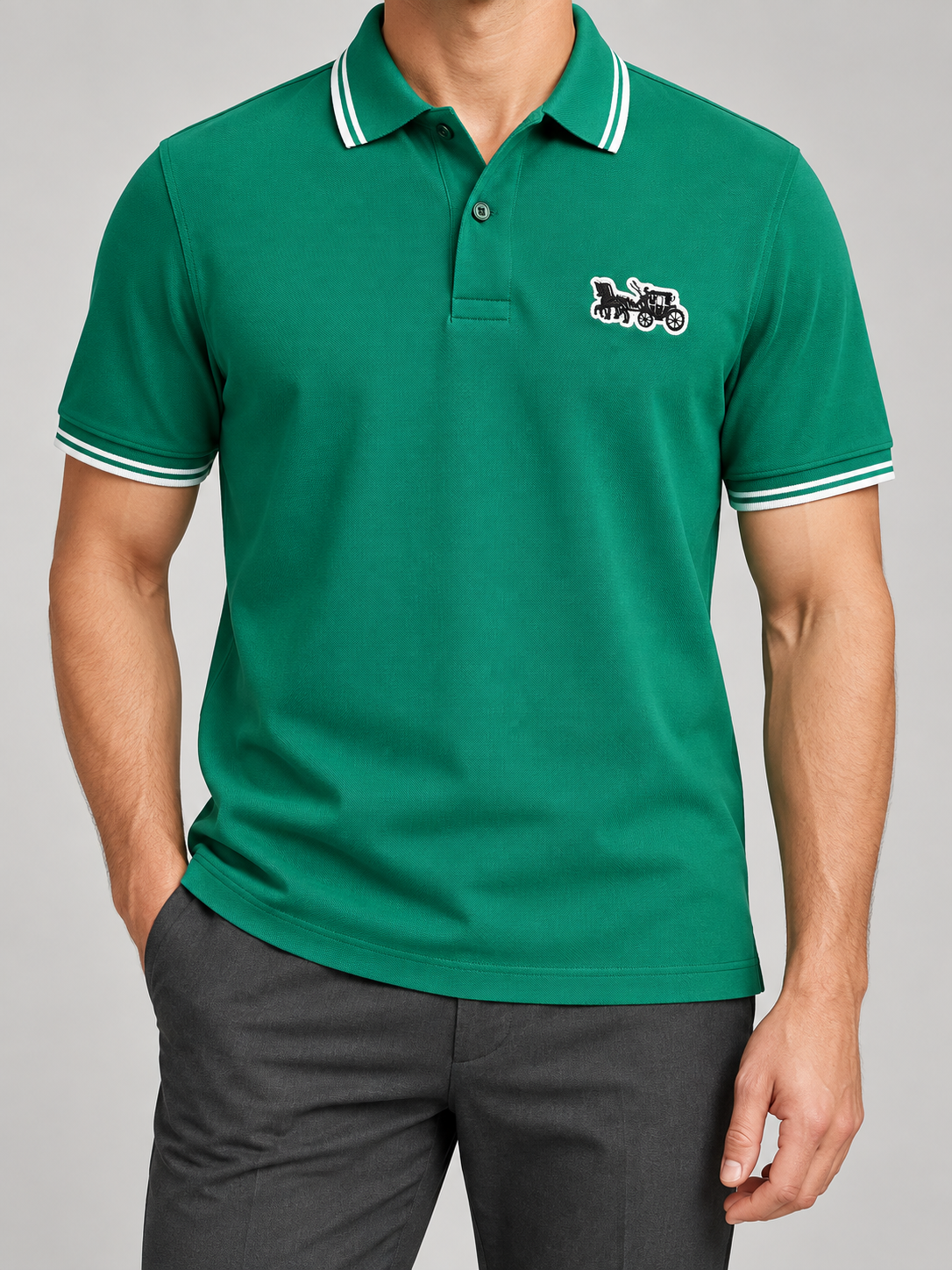 Emerald Green Vintage Automobile Patch Polo - front view