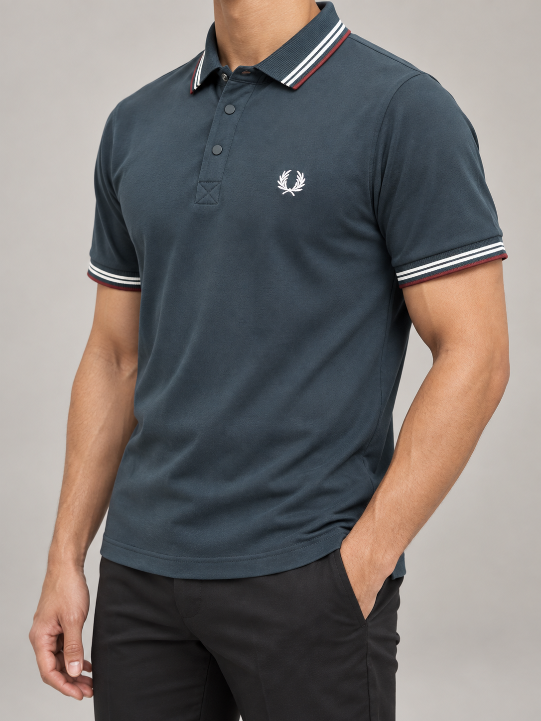 Charcoal-Blue Striped Collar Polo - view 2