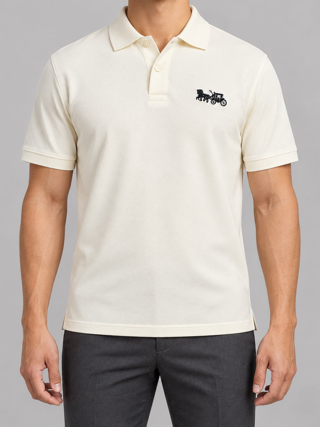 Ivory Cream Vintage Automobile Patch Polo - front view