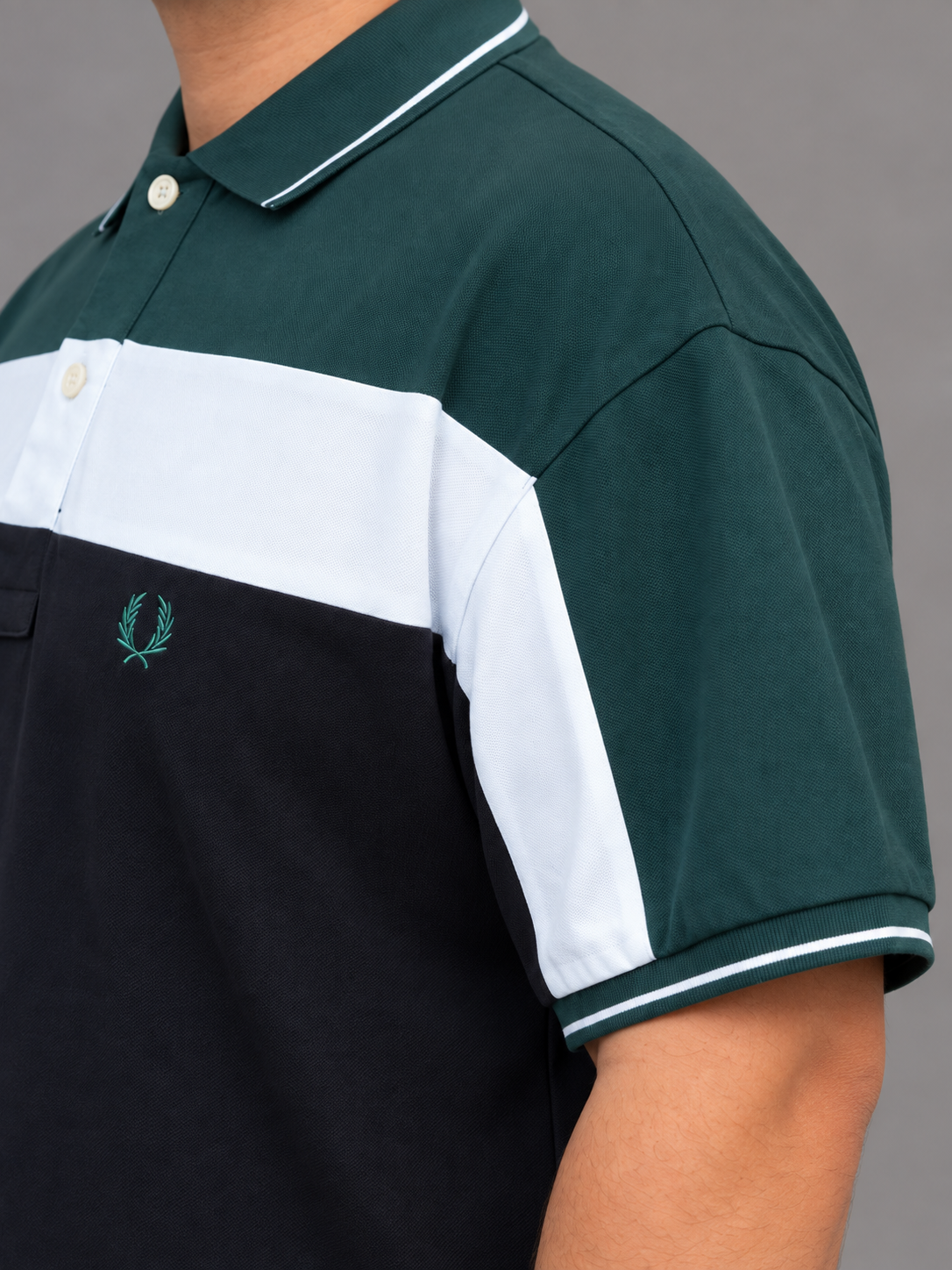 Oversized Green, White And Navy Colour-Block Polo - view 5