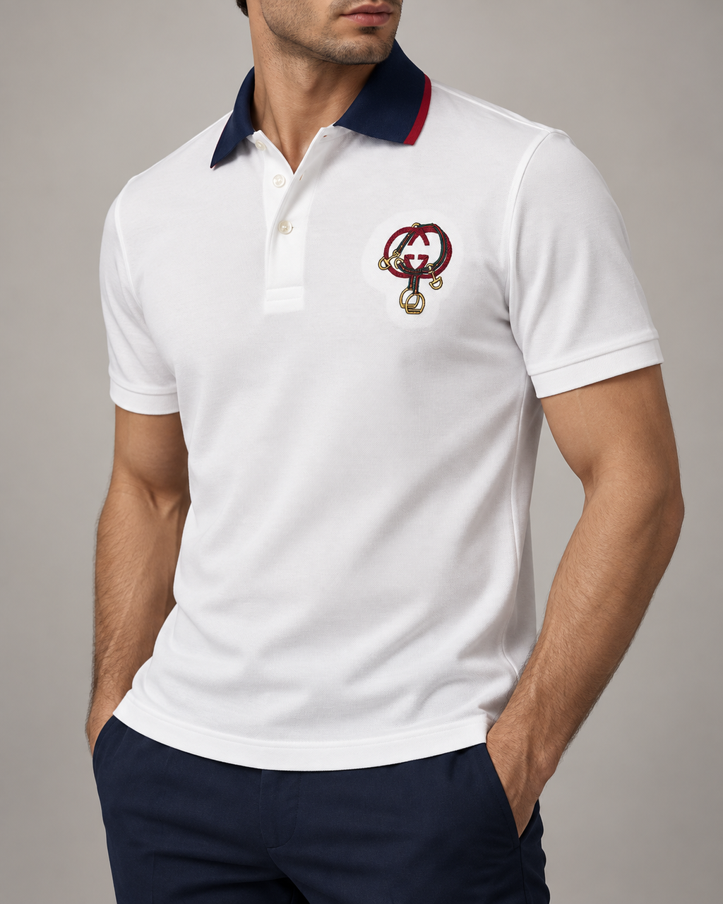White Equestrian Embroidered Contrast-Collar Polo T-Shirt - view 3