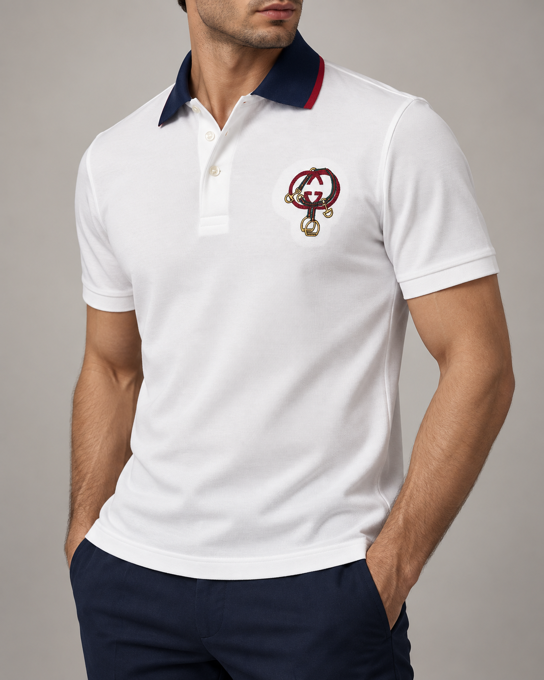 White Equestrian Embroidered Contrast-Collar Polo T-Shirt - view 3