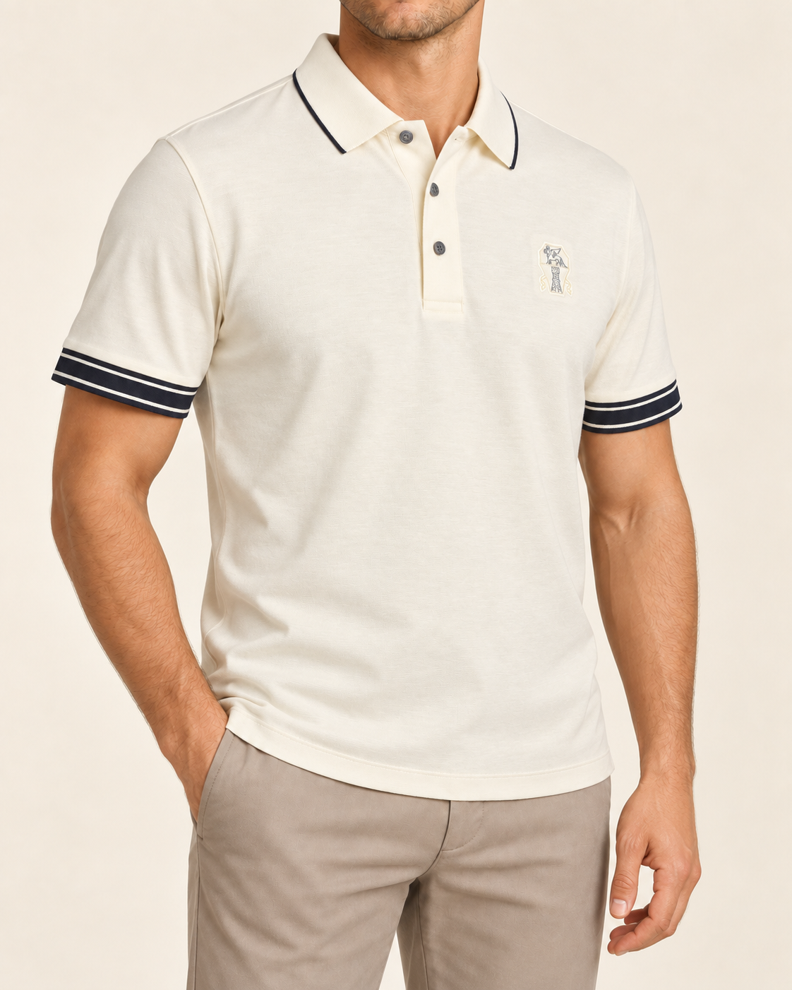 Cream Embroidered Crest Contrast-Trim Polo T-Shirt - view 2