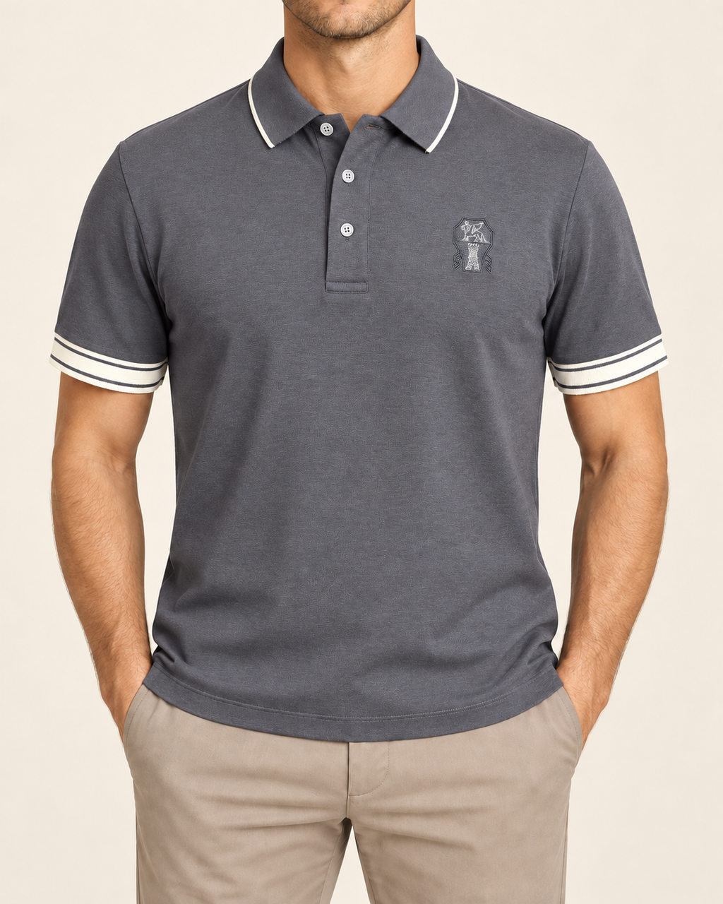 Grey Embroidered Crest Contrast-Trim Polo T-Shirt - front view